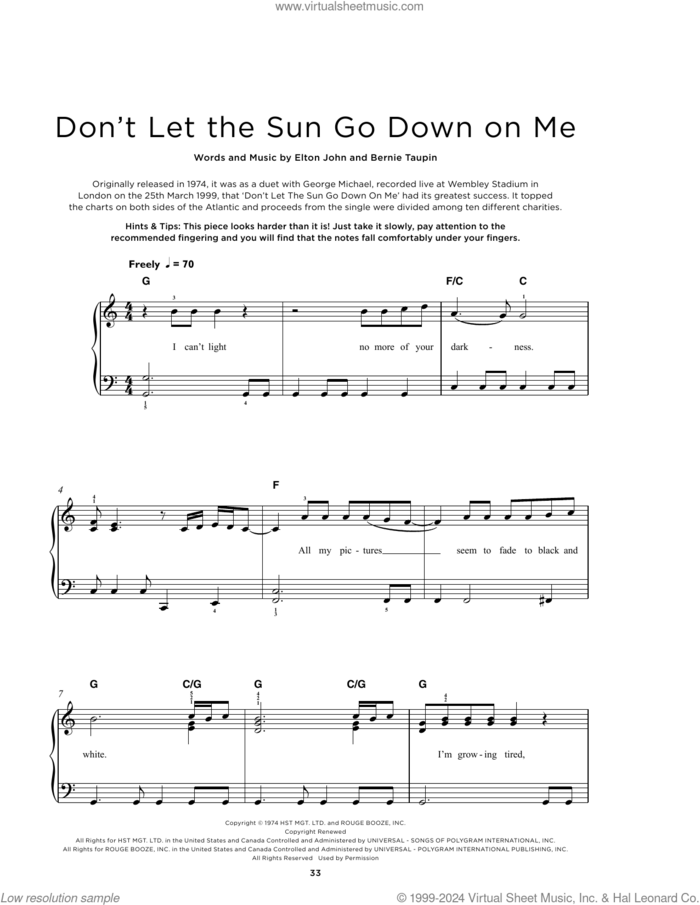 Don't Let The Sun Go Down On Me sheet music for piano solo by Elton John & George Michael, Bernie Taupin and Elton John, beginner skill level