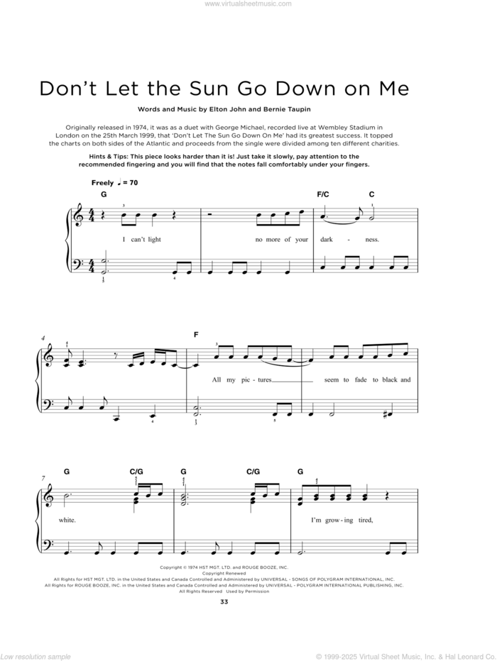 Don't Let The Sun Go Down On Me sheet music for piano solo by Elton John & George Michael, Bernie Taupin and Elton John, beginner skill level