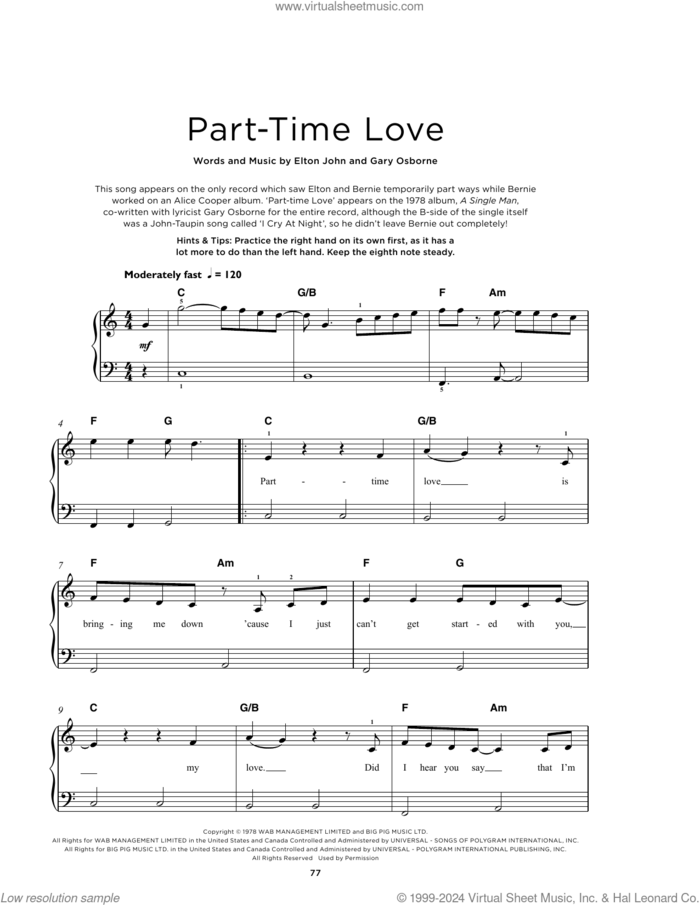 Part-Time Love sheet music for piano solo by Elton John and Gary Osborne, beginner skill level