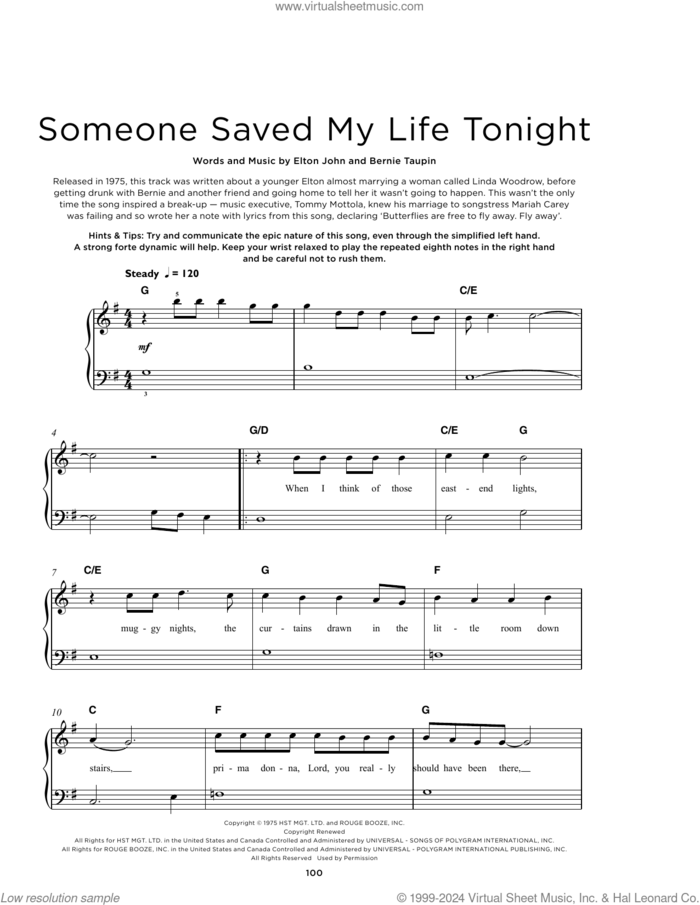 Someone Saved My Life Tonight, (beginner) sheet music for piano solo by Elton John and Bernie Taupin, beginner skill level