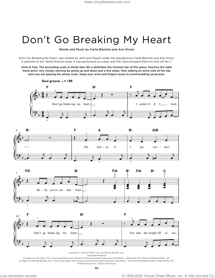 Don't Go Breaking My Heart sheet music for piano solo by Elton John & Kiki Dee, Elton John, Ann Orson and Carte Blanche, beginner skill level