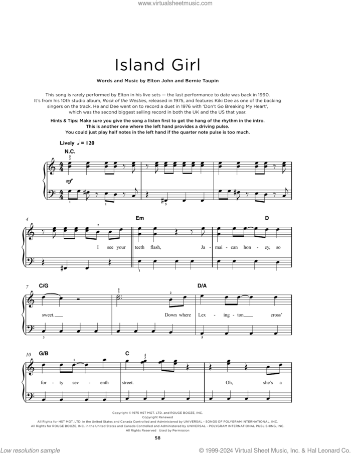 Island Girl sheet music for piano solo by Elton John and Bernie Taupin, beginner skill level