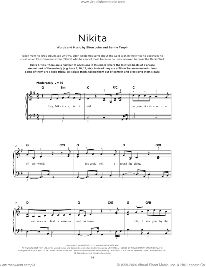 Nikita, (beginner) sheet music for piano solo by Elton John and Bernie Taupin, beginner skill level