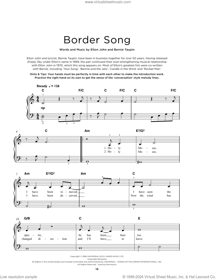 Border Song, (beginner) sheet music for piano solo by Elton John, Aretha Franklin, Eric Clapton and Bernie Taupin, beginner skill level