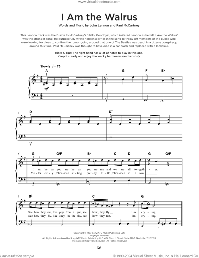 I Am The Walrus, (beginner) sheet music for piano solo by The Beatles, John Lennon and Paul McCartney, beginner skill level