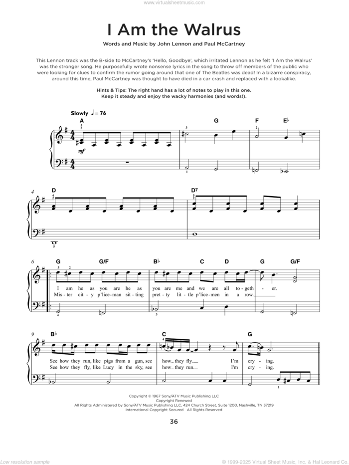 I Am The Walrus sheet music for piano solo by The Beatles, John Lennon and Paul McCartney, beginner skill level