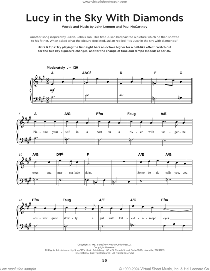 Lucy In The Sky With Diamonds, (beginner) sheet music for piano solo by The Beatles, John Lennon and Paul McCartney, beginner skill level