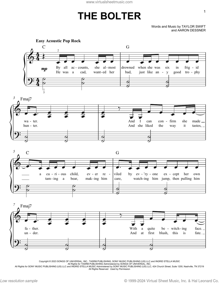The Bolter sheet music for piano solo by Taylor Swift and Aaron Dessner, easy skill level