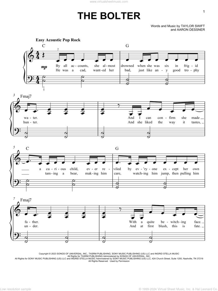 The Bolter sheet music for piano solo by Taylor Swift and Aaron Dessner, easy skill level