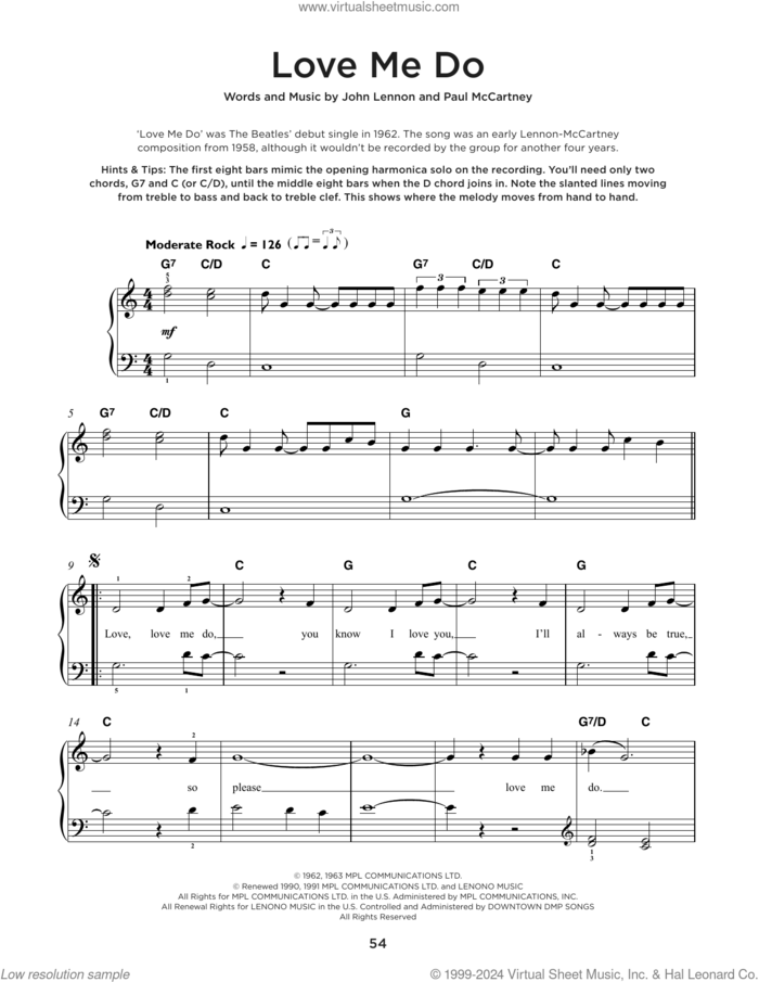 Love Me Do sheet music for piano solo by The Beatles, John Lennon and Paul McCartney, beginner skill level