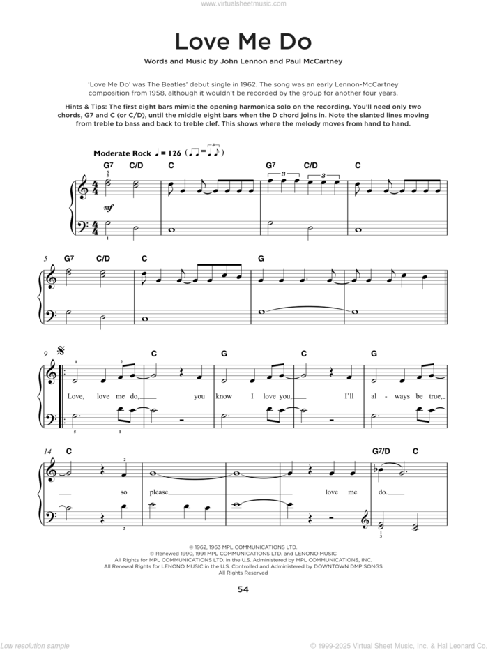 Love Me Do sheet music for piano solo by The Beatles, John Lennon and Paul McCartney, beginner skill level