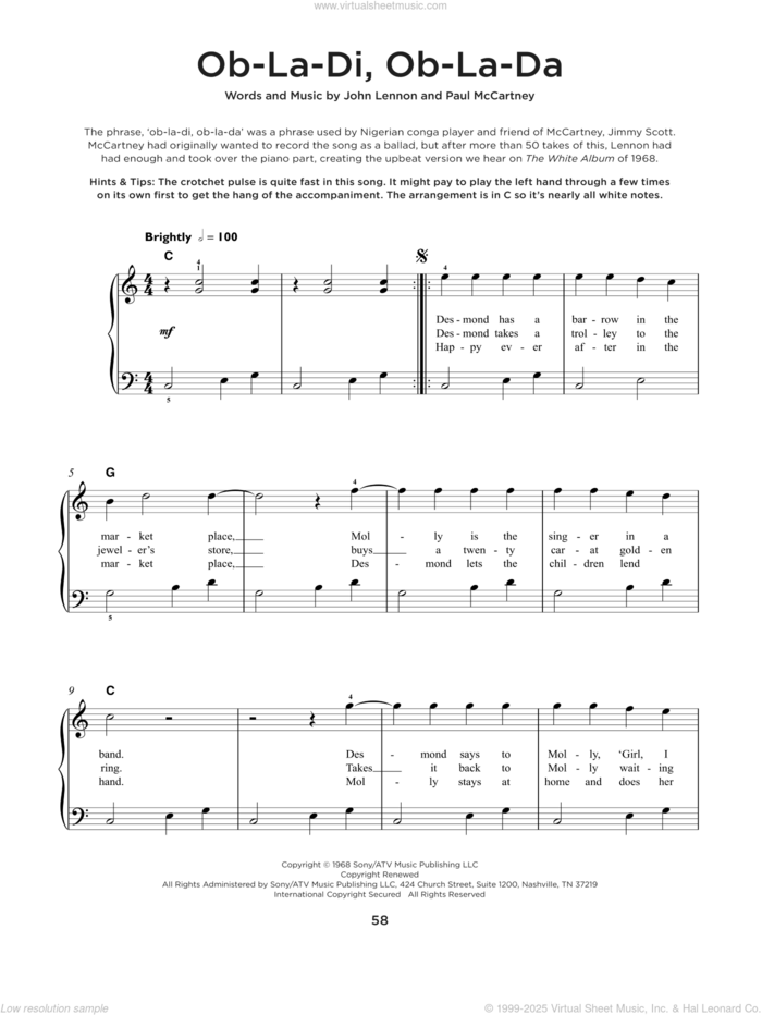 Ob-La-Di, Ob-La-Da sheet music for piano solo by The Beatles, John Lennon and Paul McCartney, beginner skill level