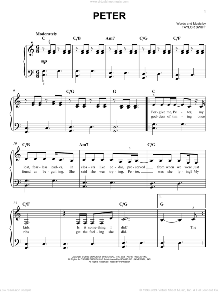 Peter sheet music for piano solo by Taylor Swift, easy skill level