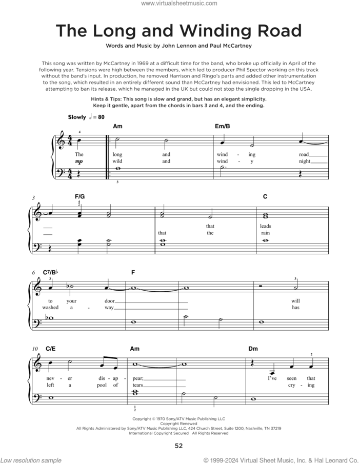 The Long And Winding Road sheet music for piano solo by The Beatles, John Lennon and Paul McCartney, beginner skill level
