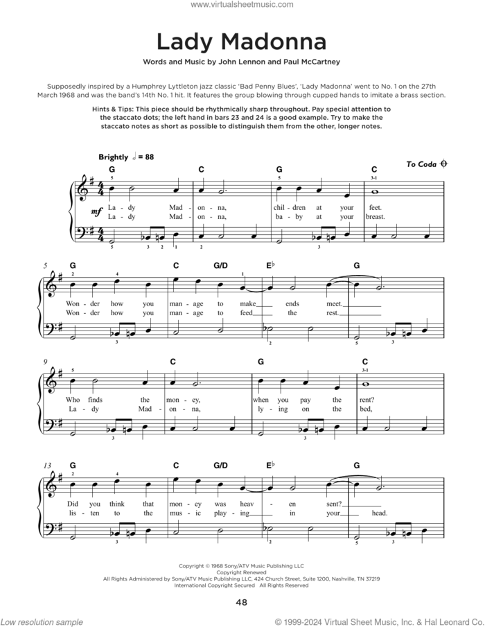 Lady Madonna, (beginner) sheet music for piano solo by The Beatles, John Lennon and Paul McCartney, beginner skill level