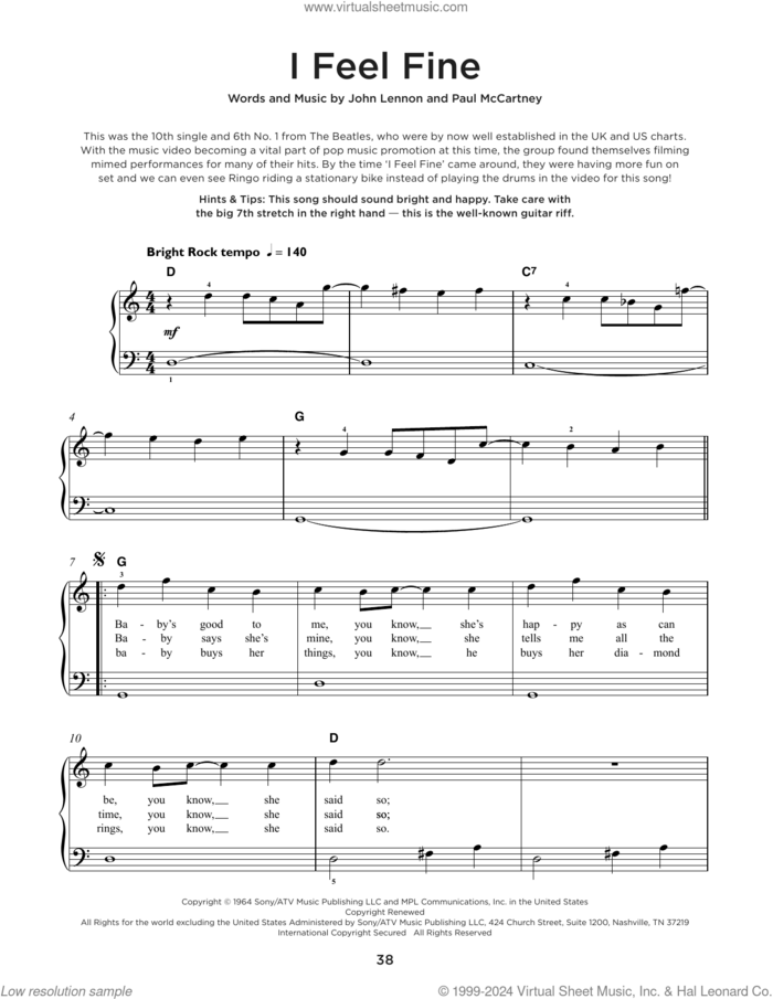I Feel Fine, (beginner) sheet music for piano solo by The Beatles, John Lennon and Paul McCartney, beginner skill level