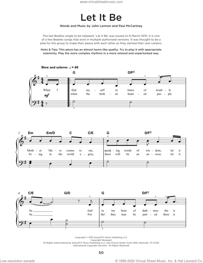 Let It Be sheet music for piano solo by The Beatles, John Lennon and Paul McCartney, beginner skill level