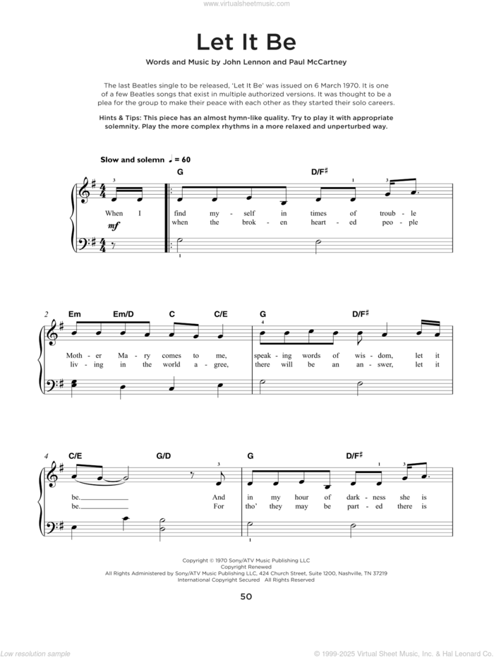 Let It Be sheet music for piano solo by The Beatles, John Lennon and Paul McCartney, beginner skill level