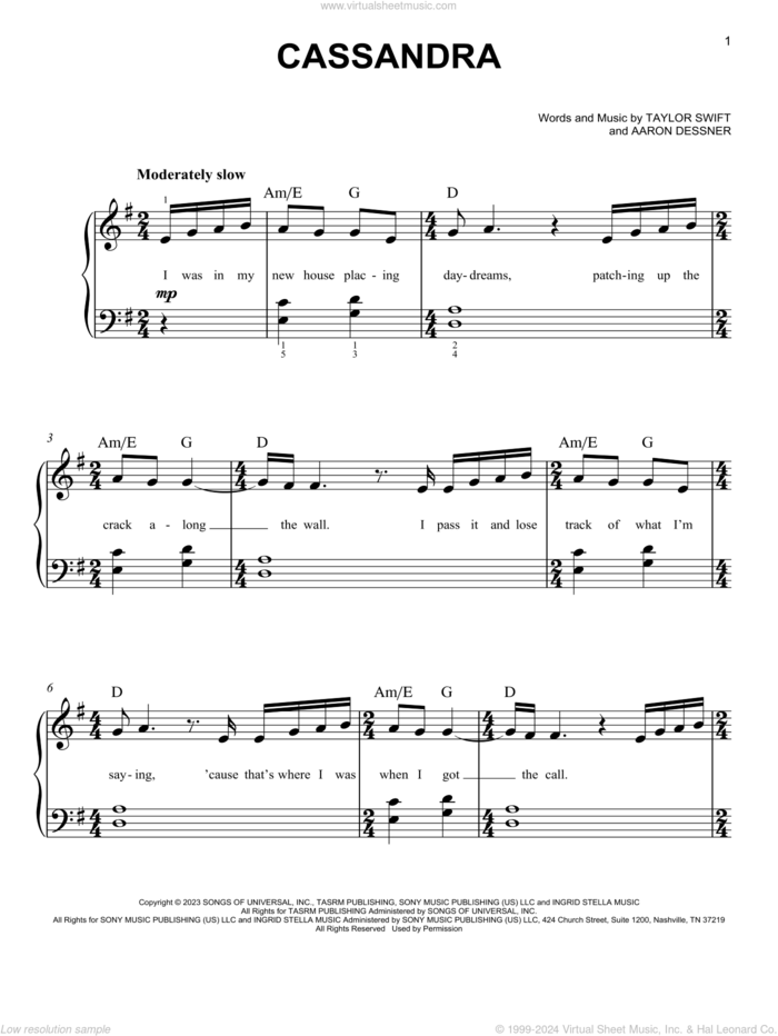 Cassandra sheet music for piano solo by Taylor Swift and Aaron Dessner, easy skill level