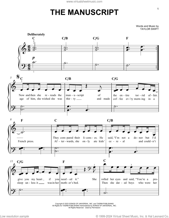 The Manuscript sheet music for piano solo by Taylor Swift, easy skill level