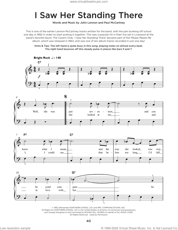 I Saw Her Standing There, (beginner) sheet music for piano solo by The Beatles, John Lennon and Paul McCartney, beginner skill level