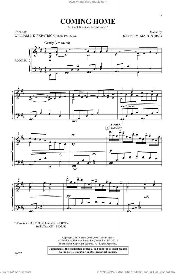 Coming Home sheet music for choir (SATB: soprano, alto, tenor, bass) by Joseph M. Martin and William J. Kirkpatrick, intermediate skill level