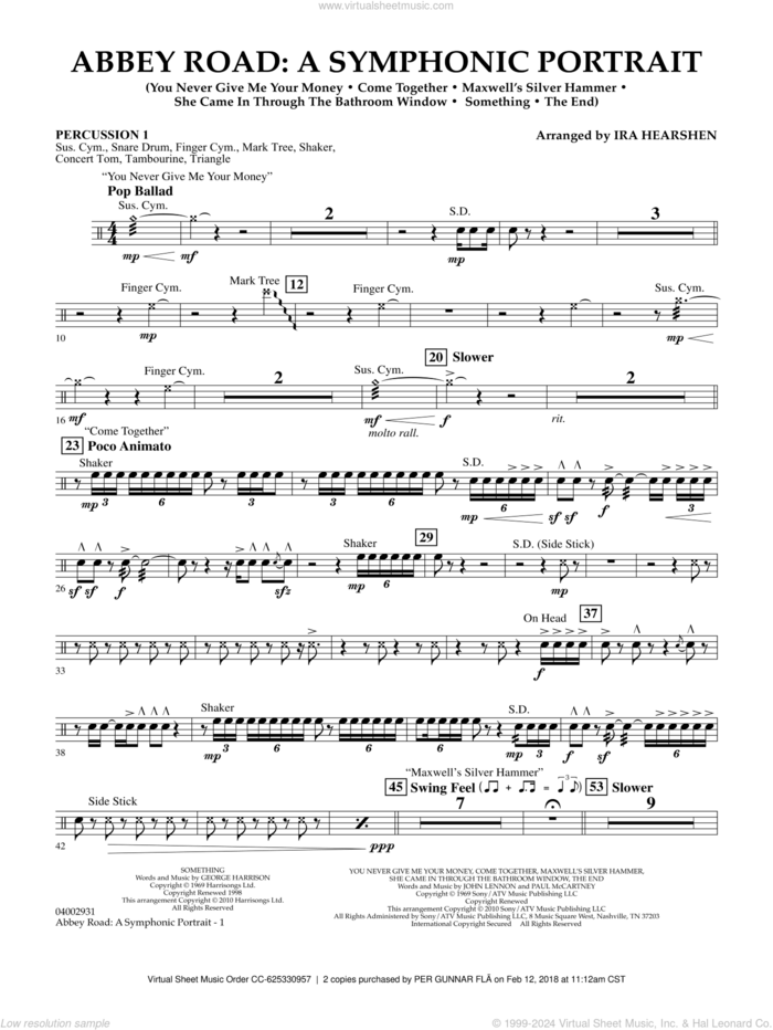 Abbey Road, a symphonic portrait sheet music for concert band (percussion 1) by The Beatles and Ira Hearshen, intermediate skill level