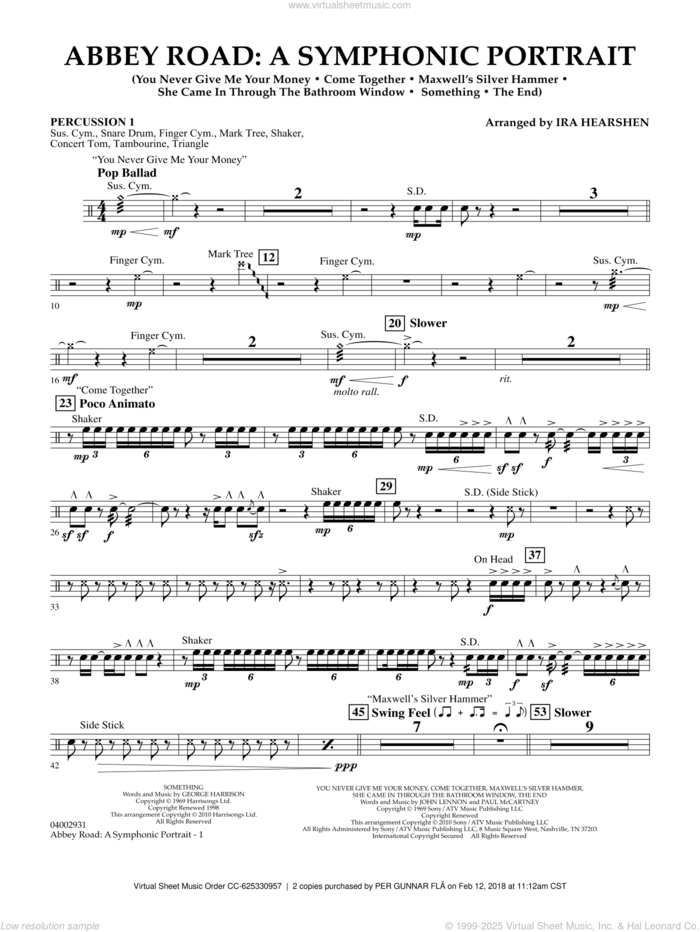 Abbey Road, a symphonic portrait sheet music for concert band (percussion 1) by The Beatles and Ira Hearshen, intermediate skill level