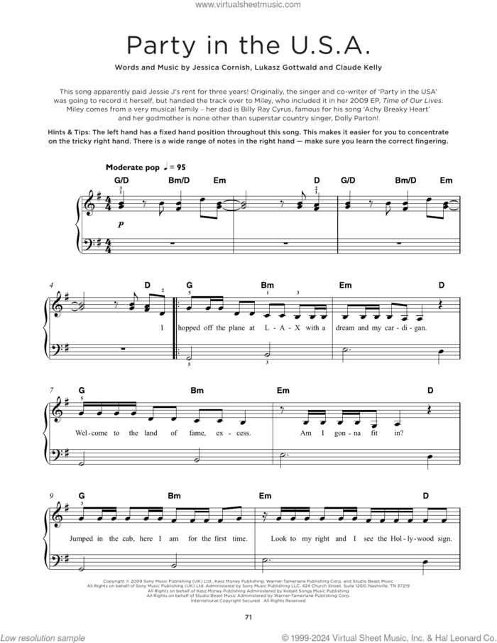 Party In The U.S.A. sheet music for piano solo by Miley Cyrus, Claude Kelly, Jessica Cornish and Lukasz Gottwald, beginner skill level