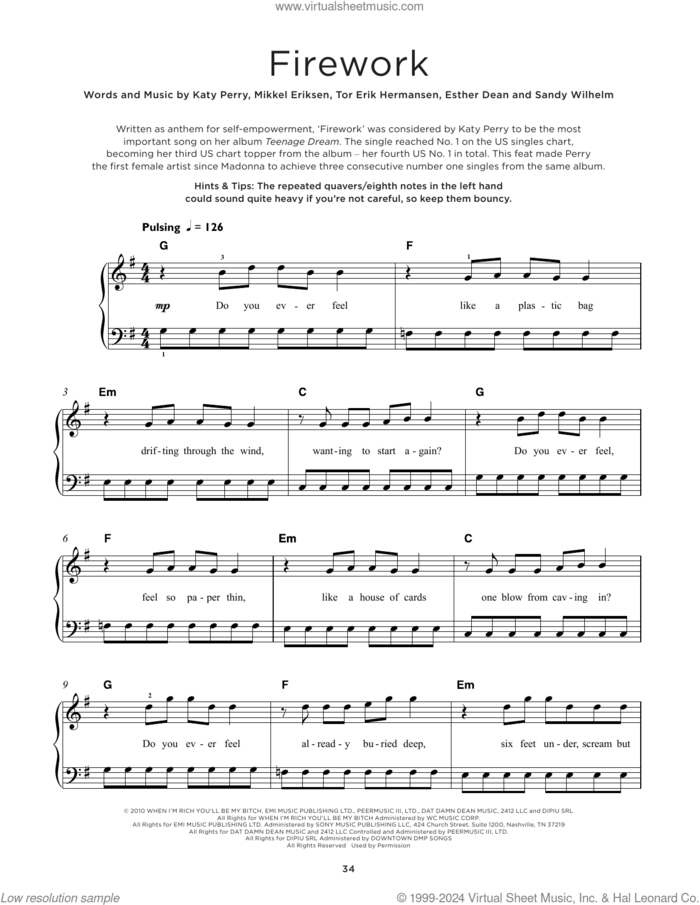 Firework sheet music for piano solo by Katy Perry, Ester Dean, Mikkel Eriksen, Sandy Wilhelm and Tor Erik Hermansen, beginner skill level