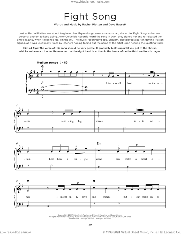 Fight Song, (beginner) sheet music for piano solo by Rachel Platten and Dave Bassett, beginner skill level