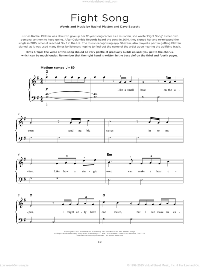 Fight Song, (beginner) sheet music for piano solo by Rachel Platten and Dave Bassett, beginner skill level