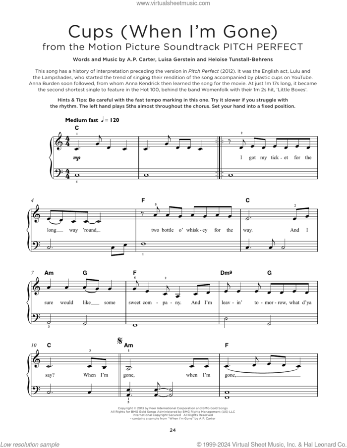 Cups (When I'm Gone) sheet music for piano solo by Anna Kendrick, A.P. Carter, Heloise Tunstall-Behrens and Luisa Gerstein, beginner skill level