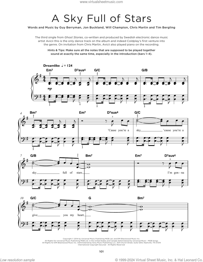 A Sky Full Of Stars sheet music for piano solo by Coldplay, Chris Martin, Guy Berryman, Jon Buckland, Tim Bergling and Will Champion, beginner skill level