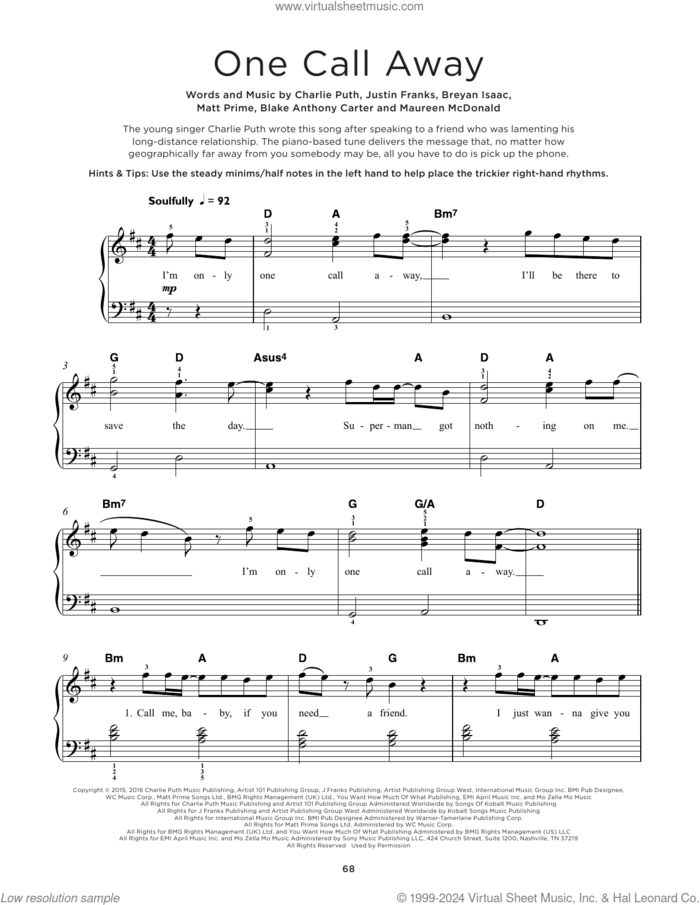 One Call Away sheet music for piano solo by Charlie Puth, Blake Anthony Carter, Breyan Isaac, Justin Franks, Matt Prime and Maureen McDonald, beginner skill level