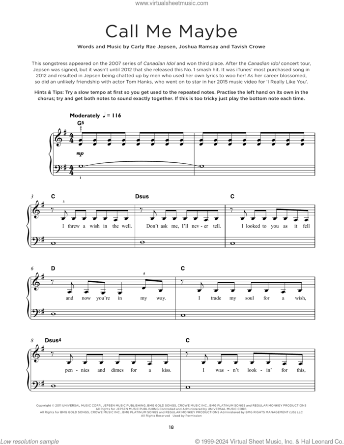 Call Me Maybe sheet music for piano solo by Carly Rae Jepsen, Joshua Ramsay and Tavish Crowe, beginner skill level