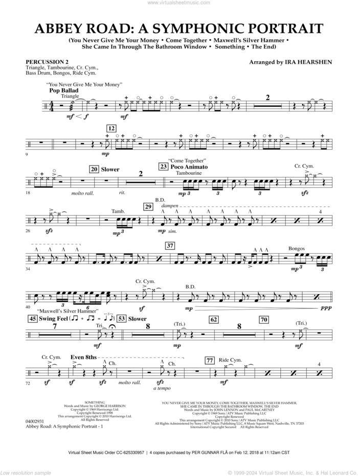 Abbey Road, a symphonic portrait sheet music for concert band (percussion 2) by The Beatles and Ira Hearshen, intermediate skill level
