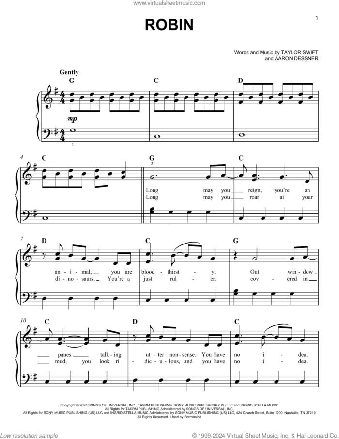 Robin sheet music for piano solo by Taylor Swift and Aaron Dessner, easy skill level