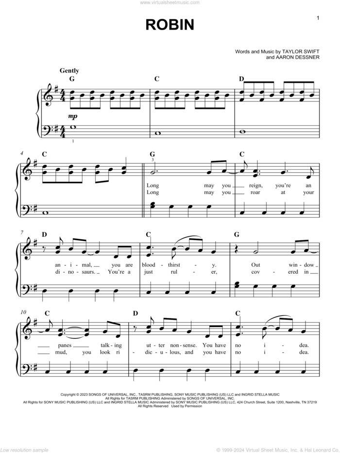 Robin sheet music for piano solo by Taylor Swift and Aaron Dessner, easy skill level