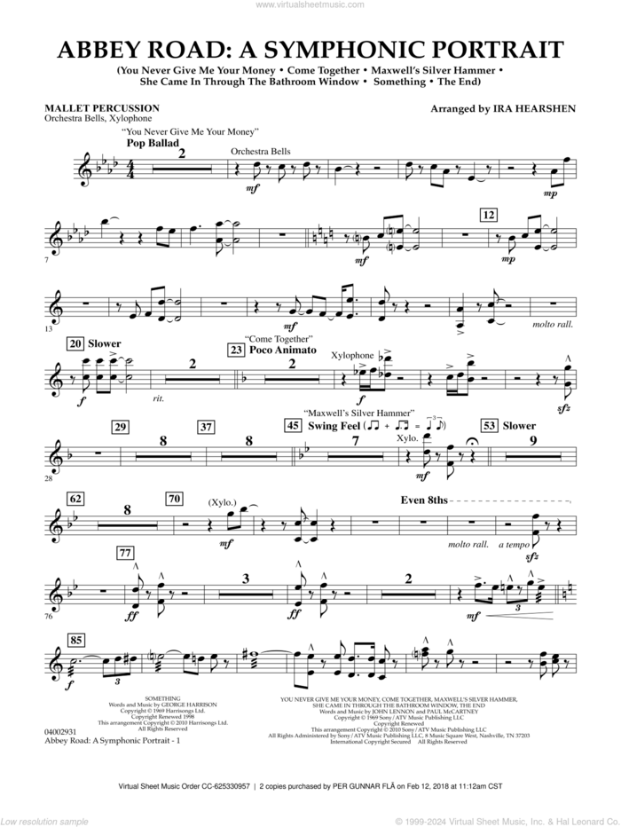 Abbey Road, a symphonic portrait sheet music for concert band (mallet percussion) by The Beatles and Ira Hearshen, intermediate skill level