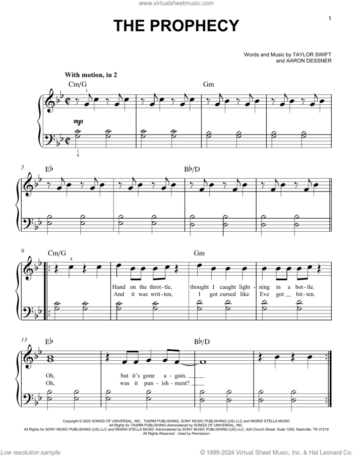 The Prophecy sheet music for piano solo by Taylor Swift and Aaron Dessner, easy skill level