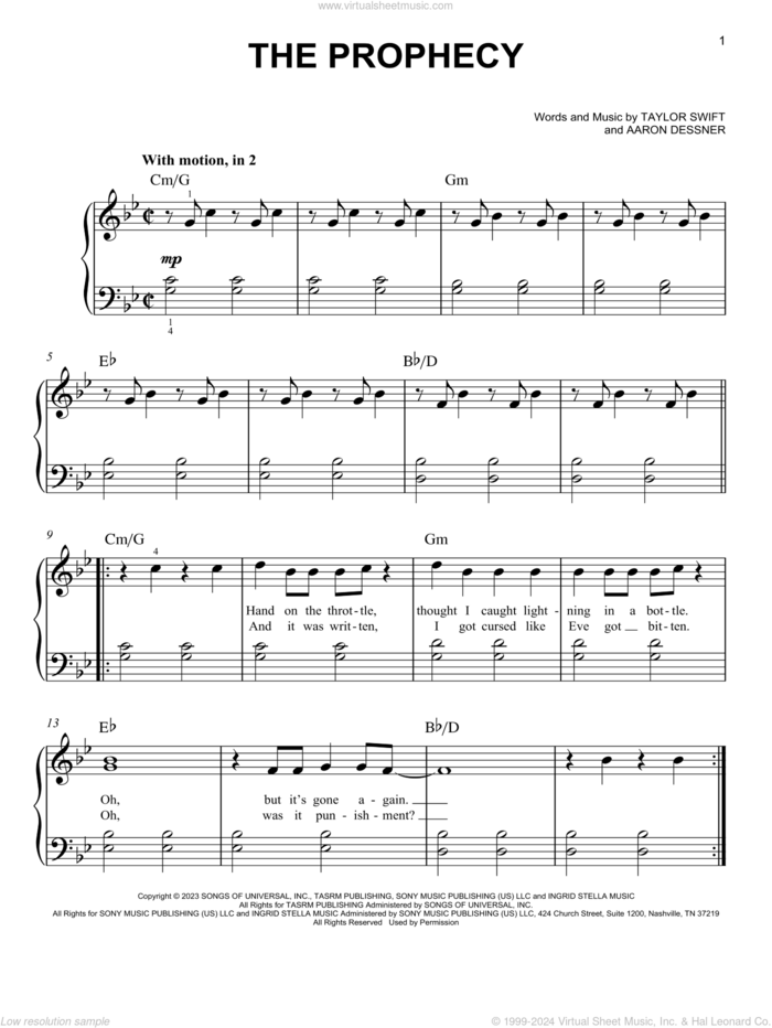 The Prophecy sheet music for piano solo by Taylor Swift and Aaron Dessner, easy skill level