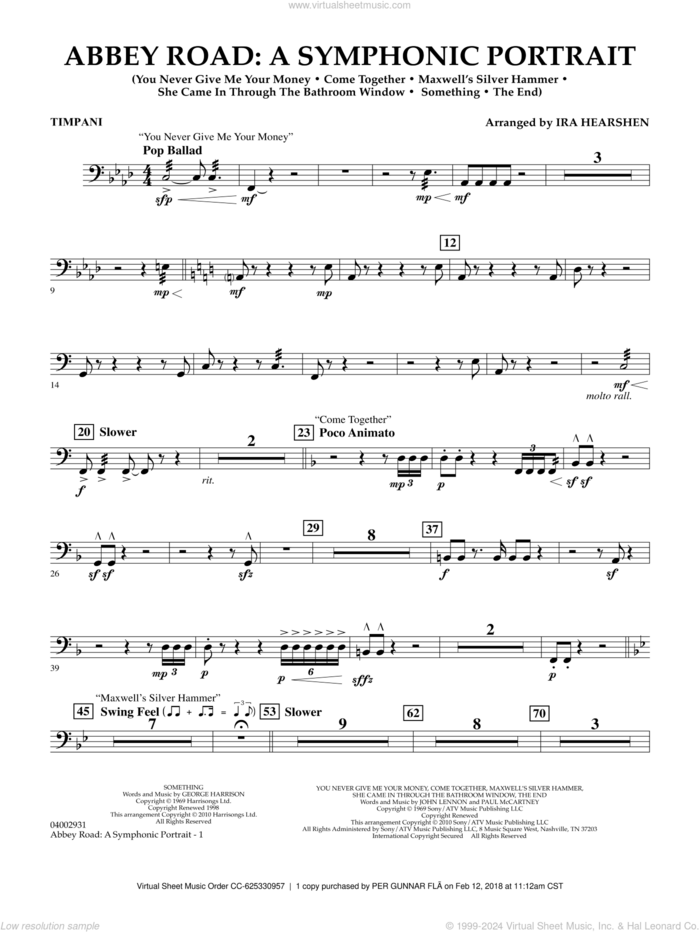Abbey Road, a symphonic portrait sheet music for concert band (timpani) by The Beatles and Ira Hearshen, intermediate skill level