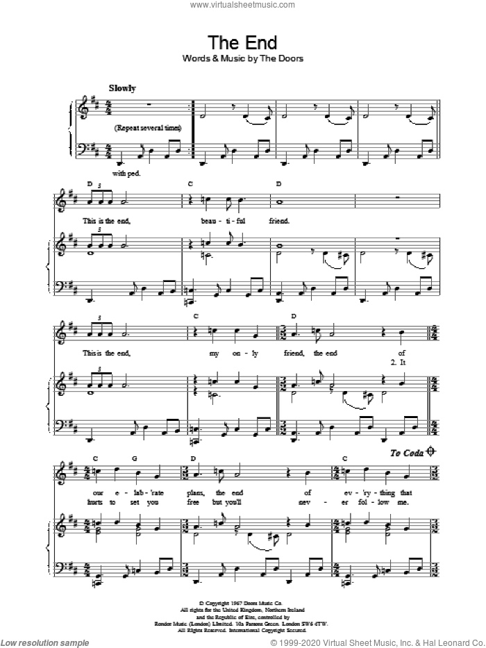 The End sheet music for voice, piano or guitar by The Doors, intermediate skill level