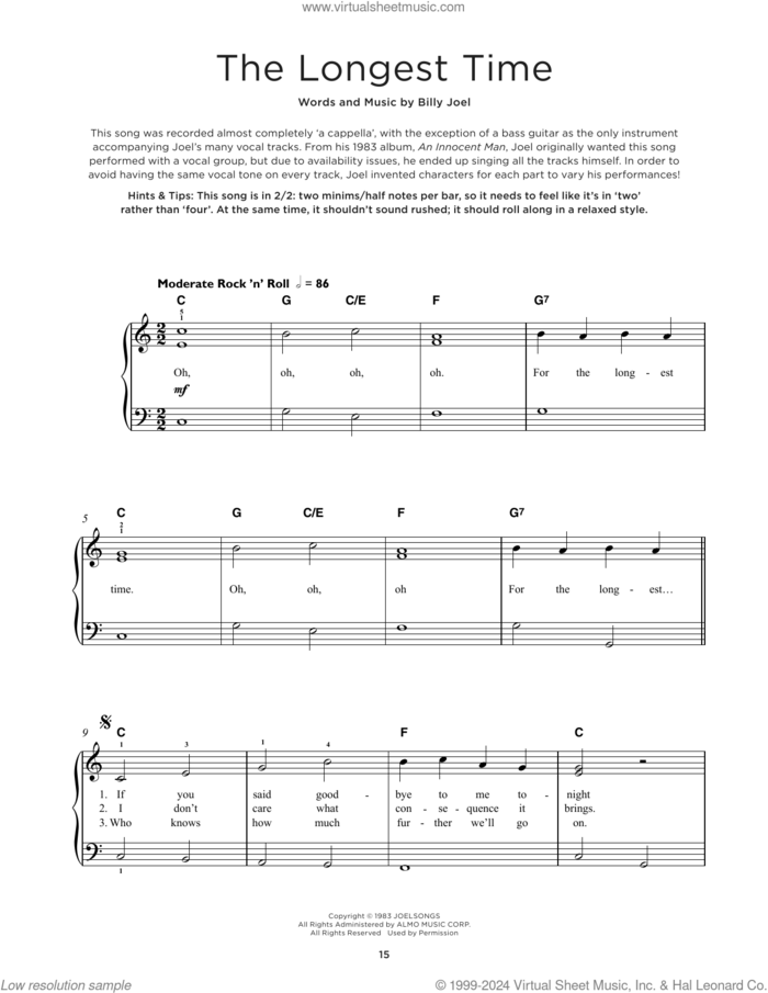 The Longest Time, (beginner) sheet music for piano solo by Billy Joel, beginner skill level