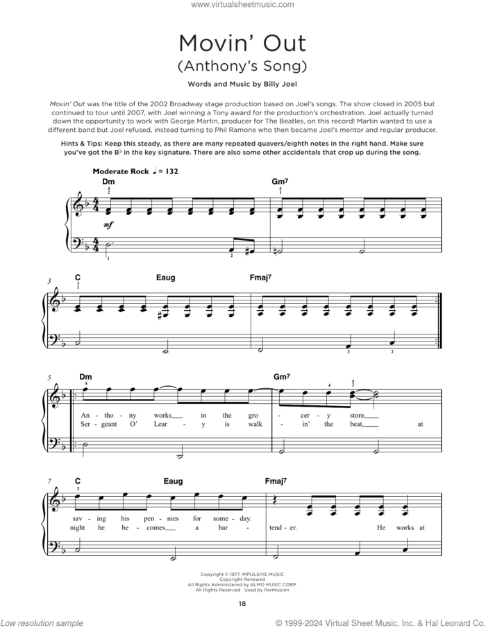 Movin' Out (Anthony's Song) sheet music for piano solo by Billy Joel, beginner skill level