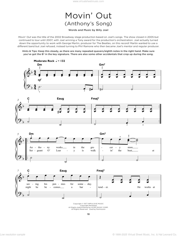 Movin' Out (Anthony's Song) sheet music for piano solo by Billy Joel, beginner skill level