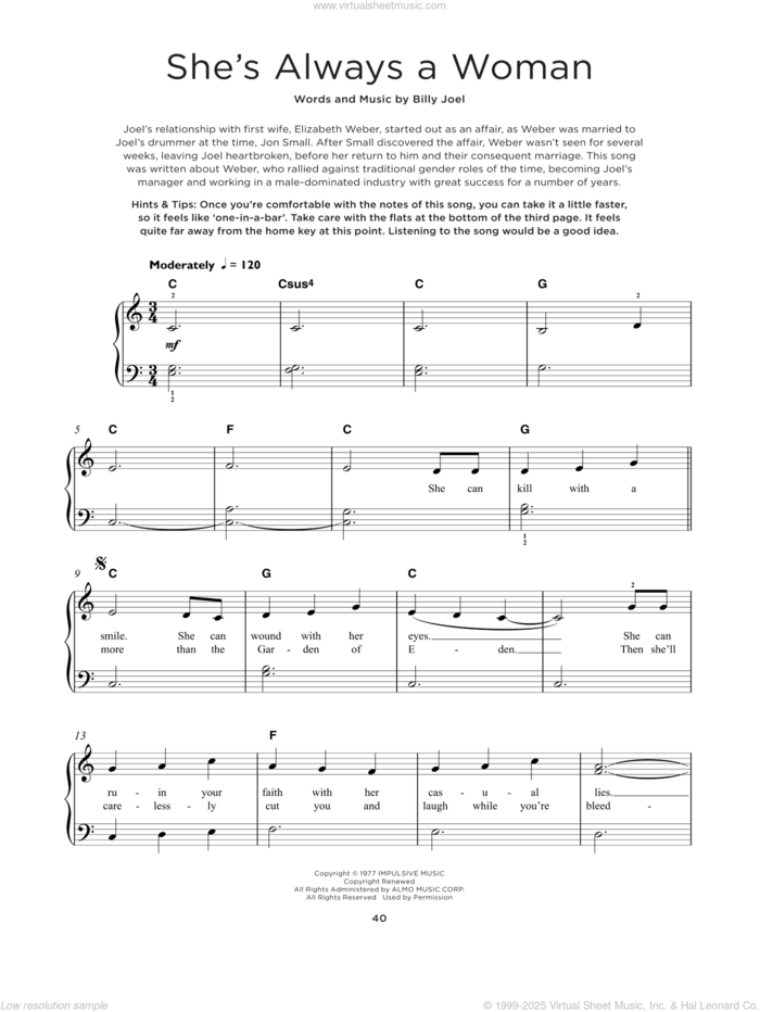 She's Always A Woman sheet music for piano solo by Billy Joel, beginner skill level