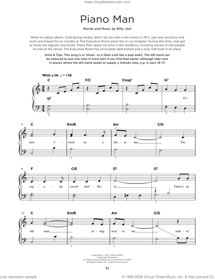 Piano Man sheet music for piano solo by Billy Joel, beginner skill level