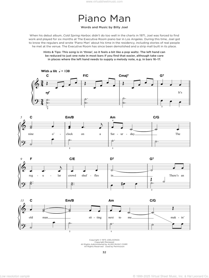 Piano Man sheet music for piano solo by Billy Joel, beginner skill level